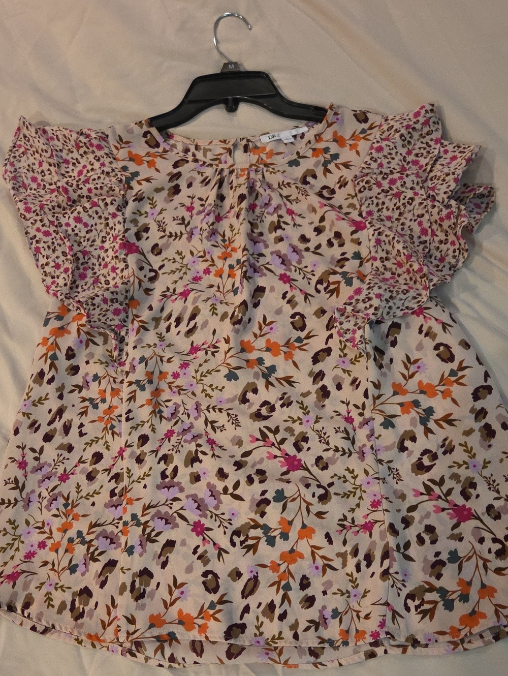 DR2 Cream Top with Orange, Pink & Brown Floral Pattern